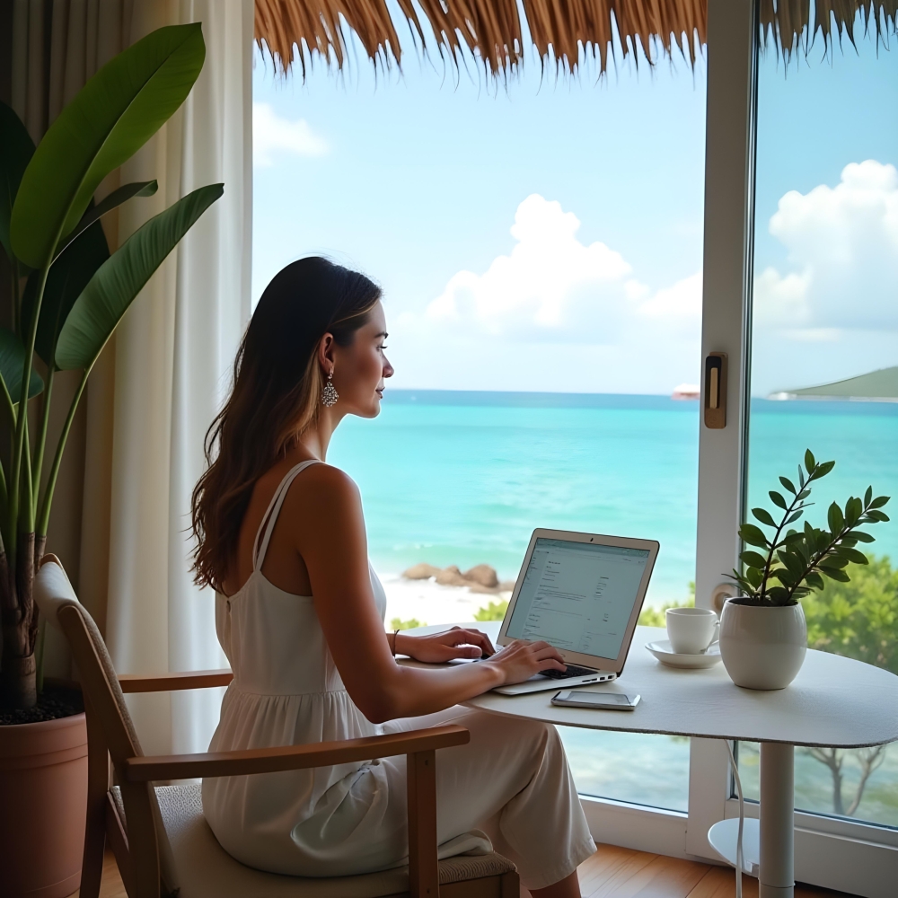 Digital Nomad Working Remotely by the Ocean with Laptop – Serene Coastal Scene Digital Nomad Working Remotely by the Ocean with Laptop - Serene Coastal Scene